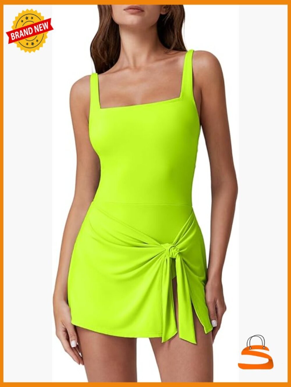 Square Neck Swim Dress Tummy Control One Piece Wrap Bathing Suit
